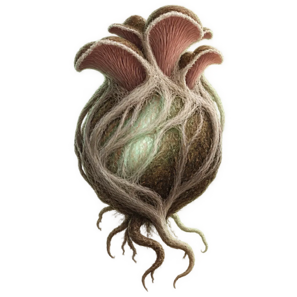 Bloom Seed: kantong benih dari anyaman miselium dengan insang merah muda yang mulai membuka dan cahaya pucat di dalamnya.