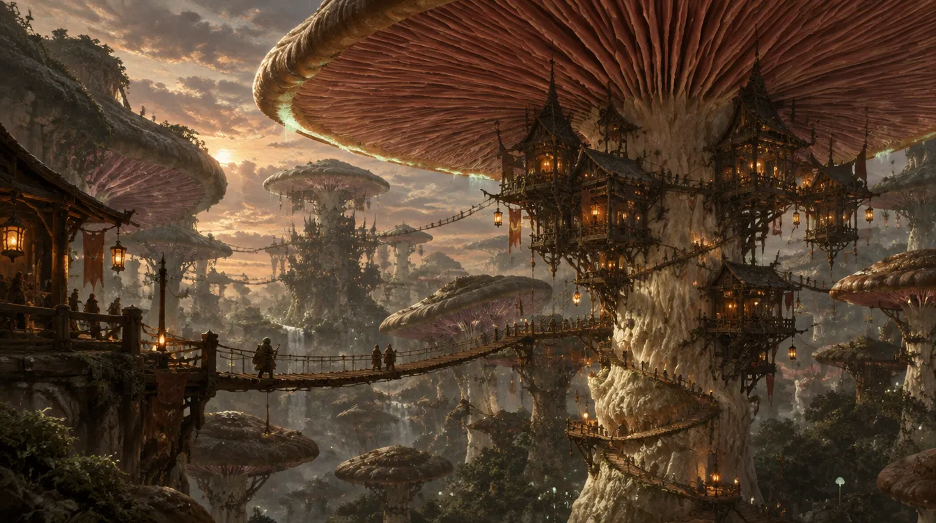 Gillspire Reach: aula kayu berlentera bergantung di bawah insang jamur tertinggi, disambung jembatan tali.